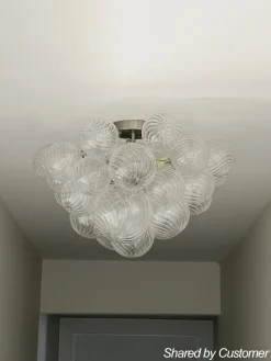 3-Light Brass Cluster Ribbed Glass Bubble Semi Flush Chandelier