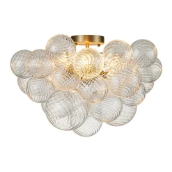 3-Light Brass Cluster Ribbed Glass Bubble Semi Flush Chandelier