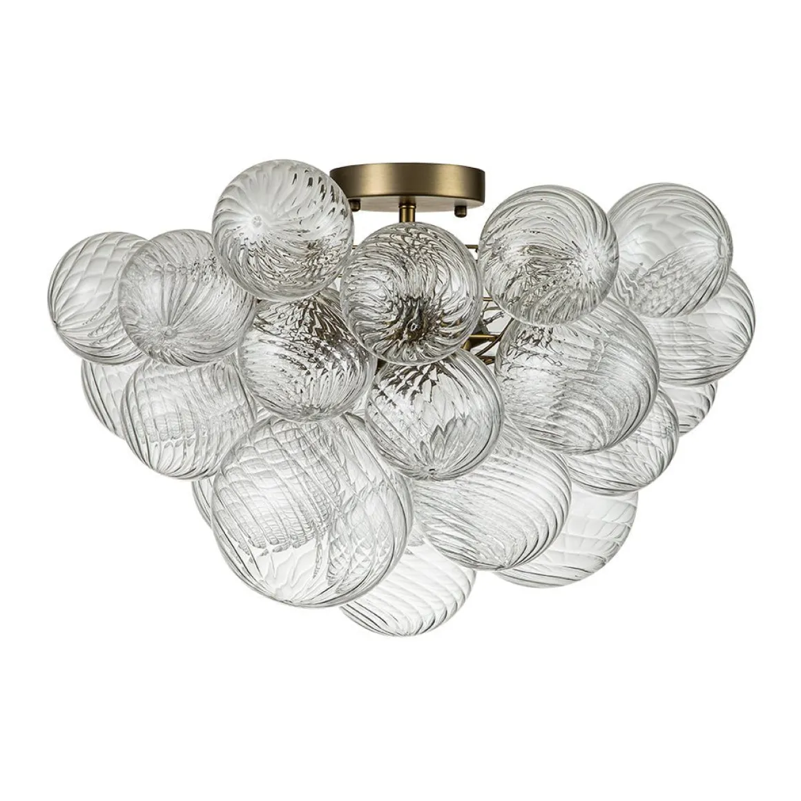 3-Light Brass Cluster Ribbed Glass Bubble Semi Flush Chandelier