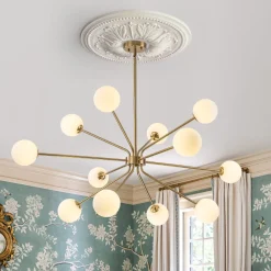 12-Light Brass Firework Opal Glass Globe Sputnik Chandelier