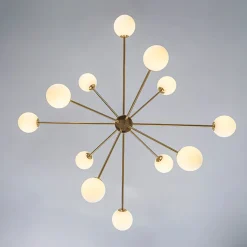 12-Light Brass Firework Opal Glass Globe Sputnik Chandelier