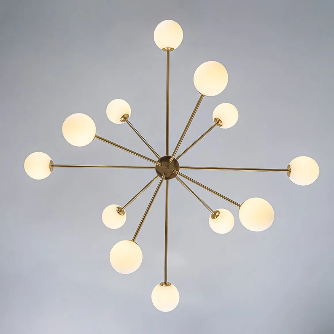 12-Light Brass Firework Opal Glass Globe Sputnik Chandelier