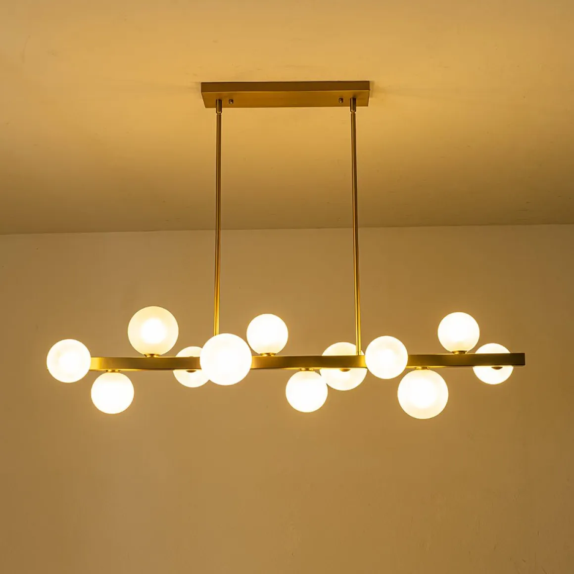 12-Light Brass Frosted Glass Bubble Linear Chandelier