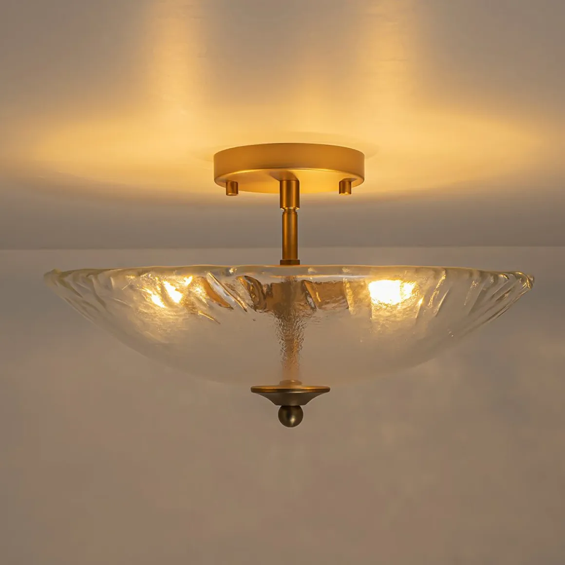 3-Light Brass Textured Glass Bowl Round Semi Flush Mount