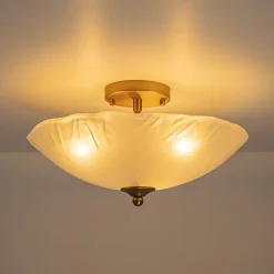 3-Light Brass Textured Glass Bowl Round Semi Flush Mount