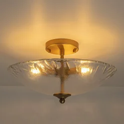 3-Light Brass Textured Glass Bowl Round Semi Flush Mount