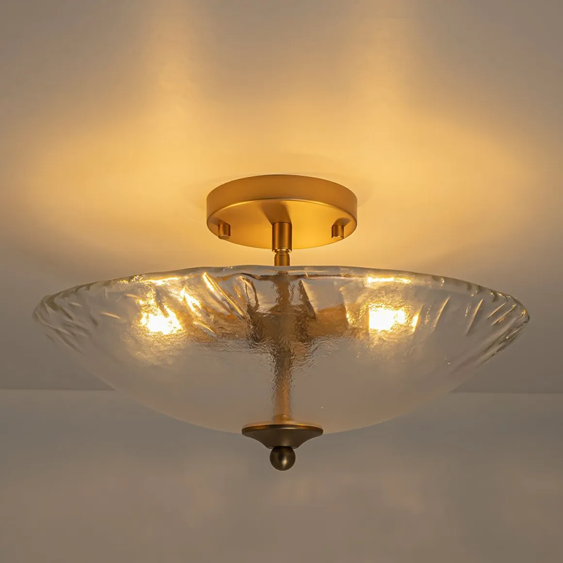 3-Light Brass Textured Glass Bowl Round Semi Flush Mount