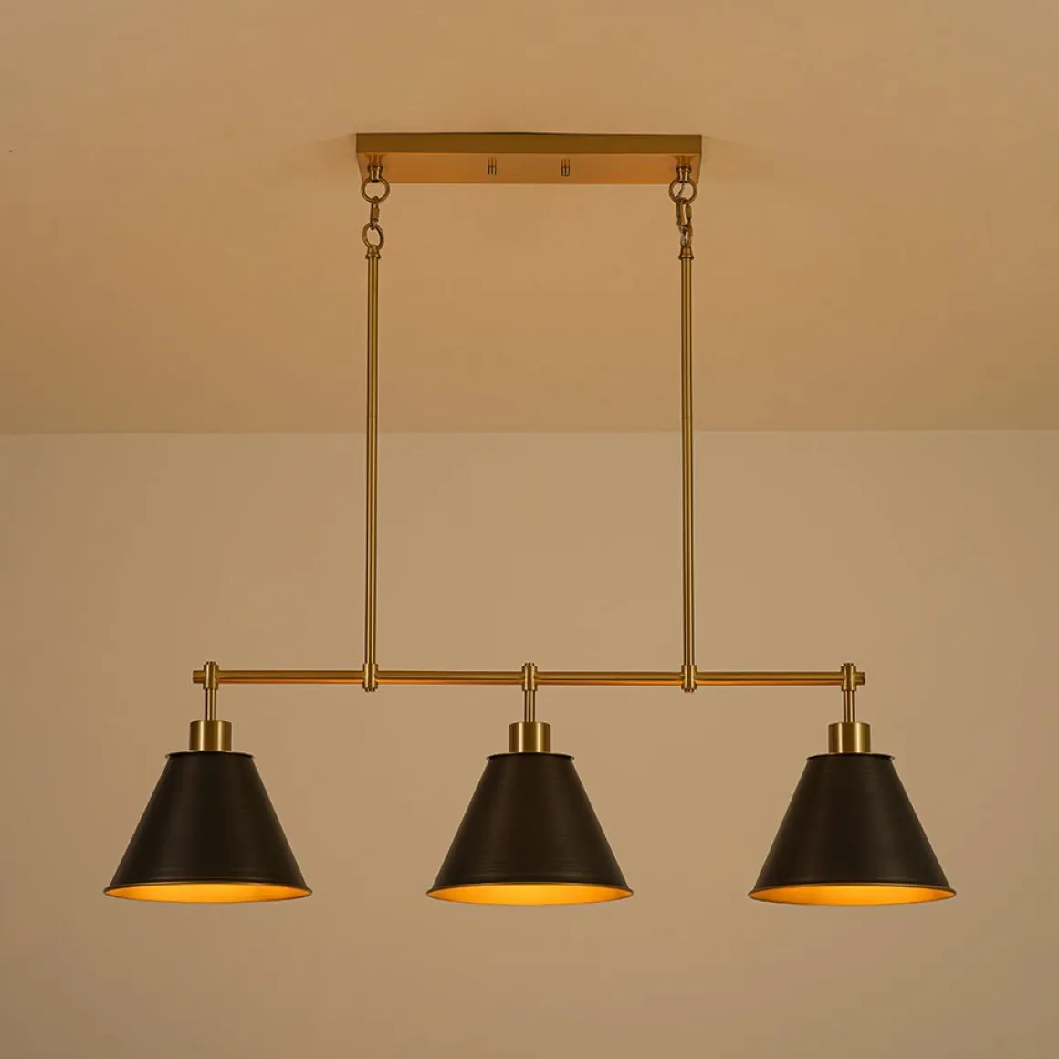 3-Light Brushed Gold Black Cone Island Chandelier