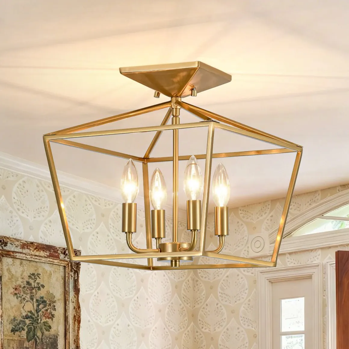 4-Light Candle Style Square Lantern Semi Flush Mount