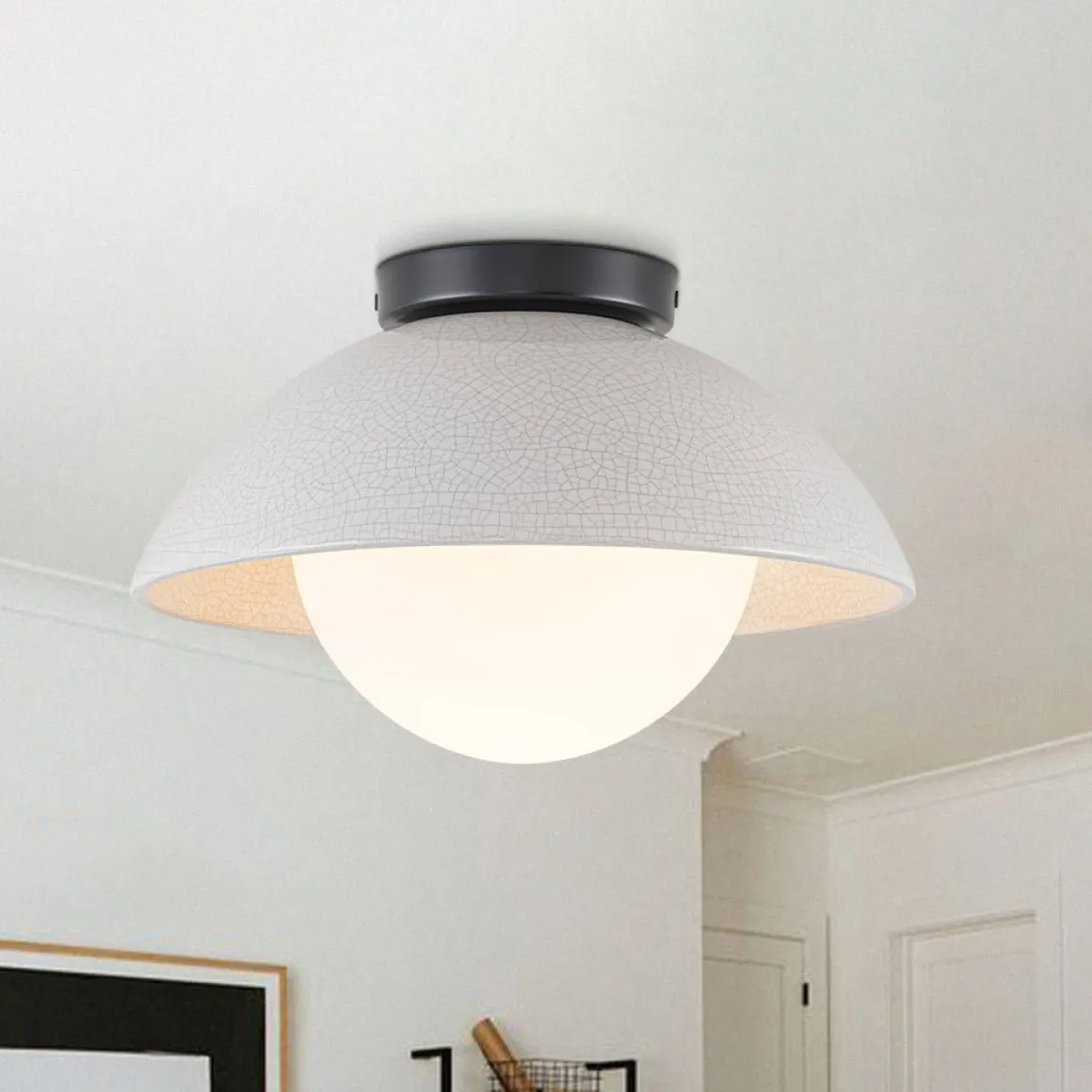 1-Light Ceramic Dome Frosted Shade Semi Flush Mount