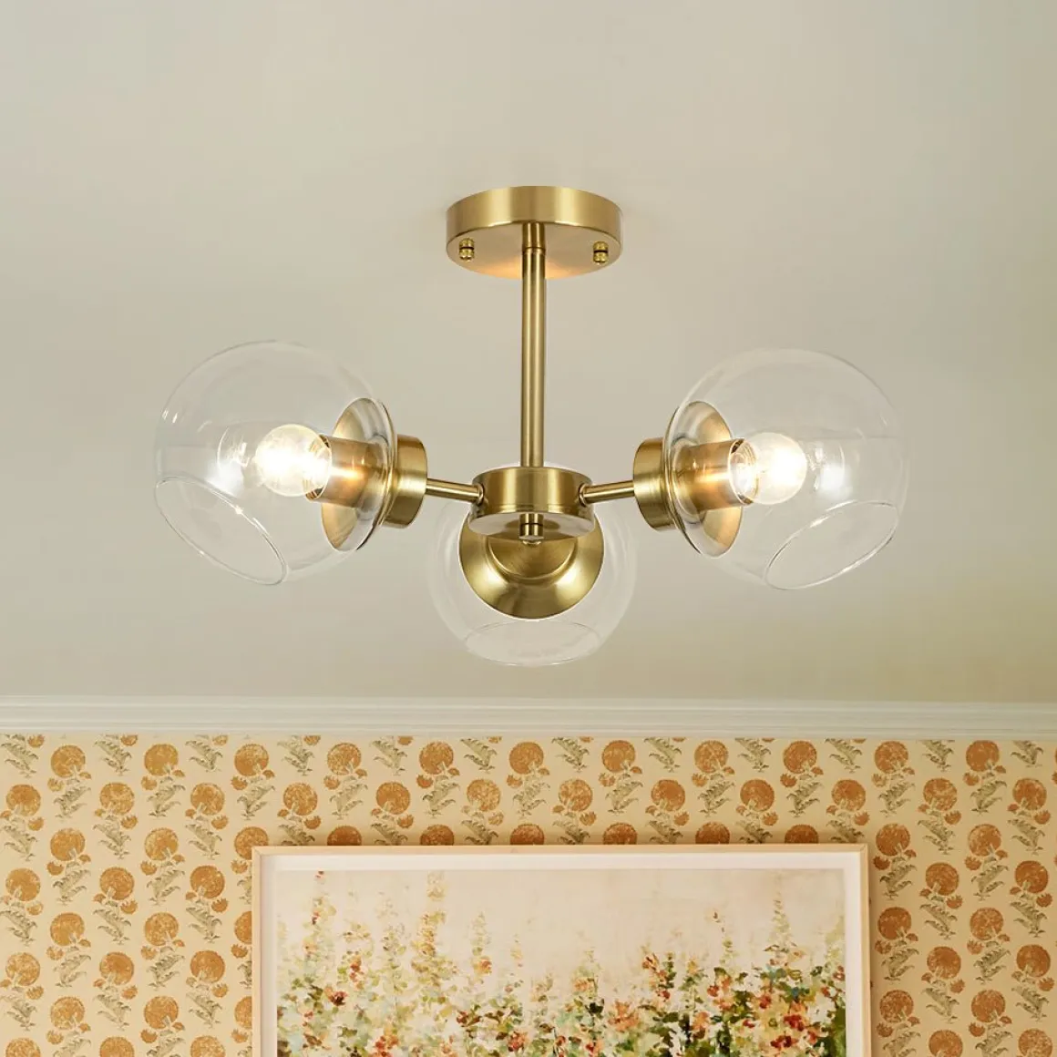3-Light Clear Glass Globe Sputnik Semi Flush Mount