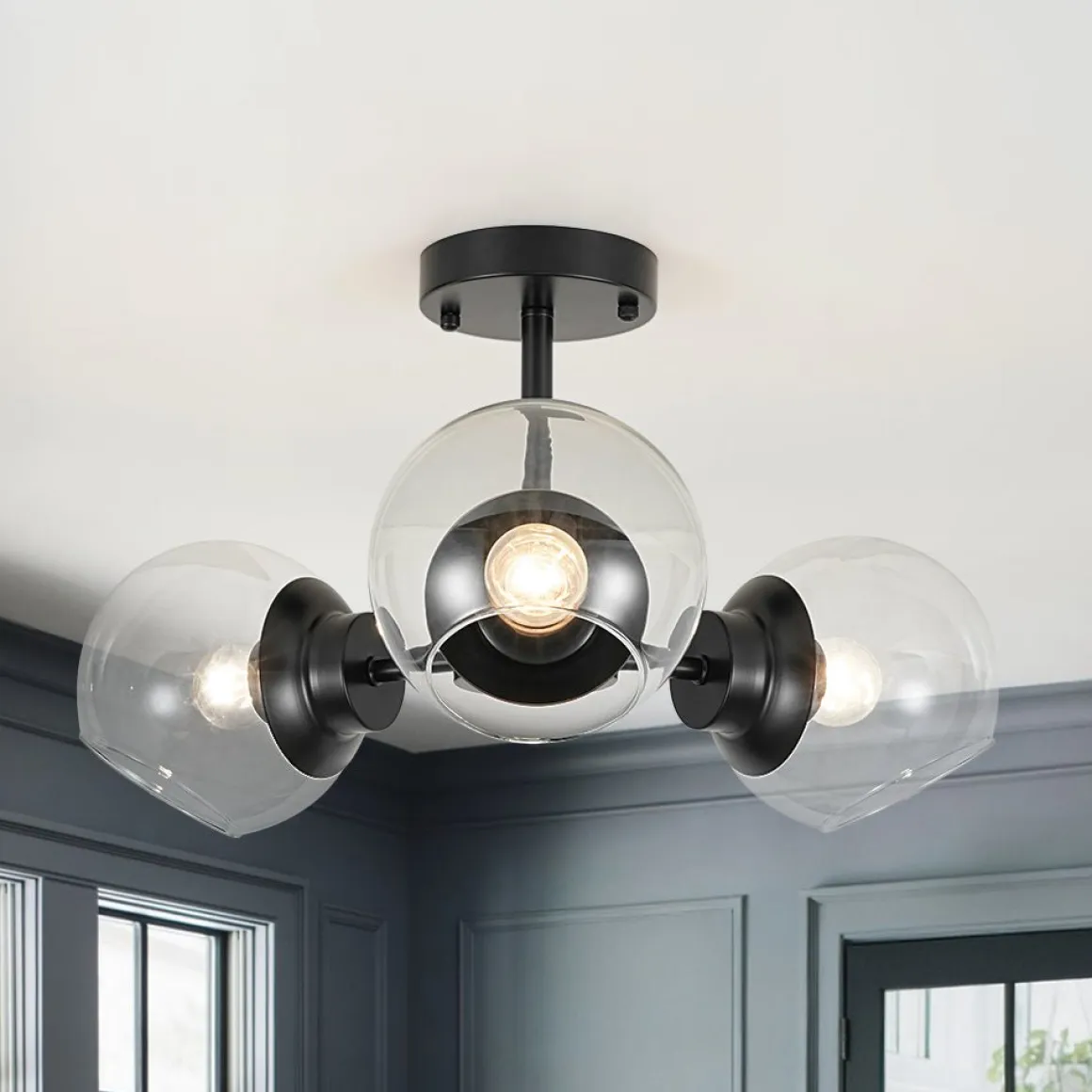 3-Light Clear Glass Globe Sputnik Semi Flush Mount