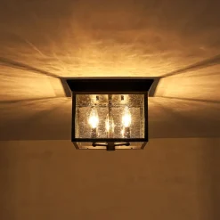 3-Light Clear Seeded Glass Black Square Cage Ceiling Light