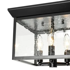 3-Light Clear Seeded Glass Black Square Cage Ceiling Light