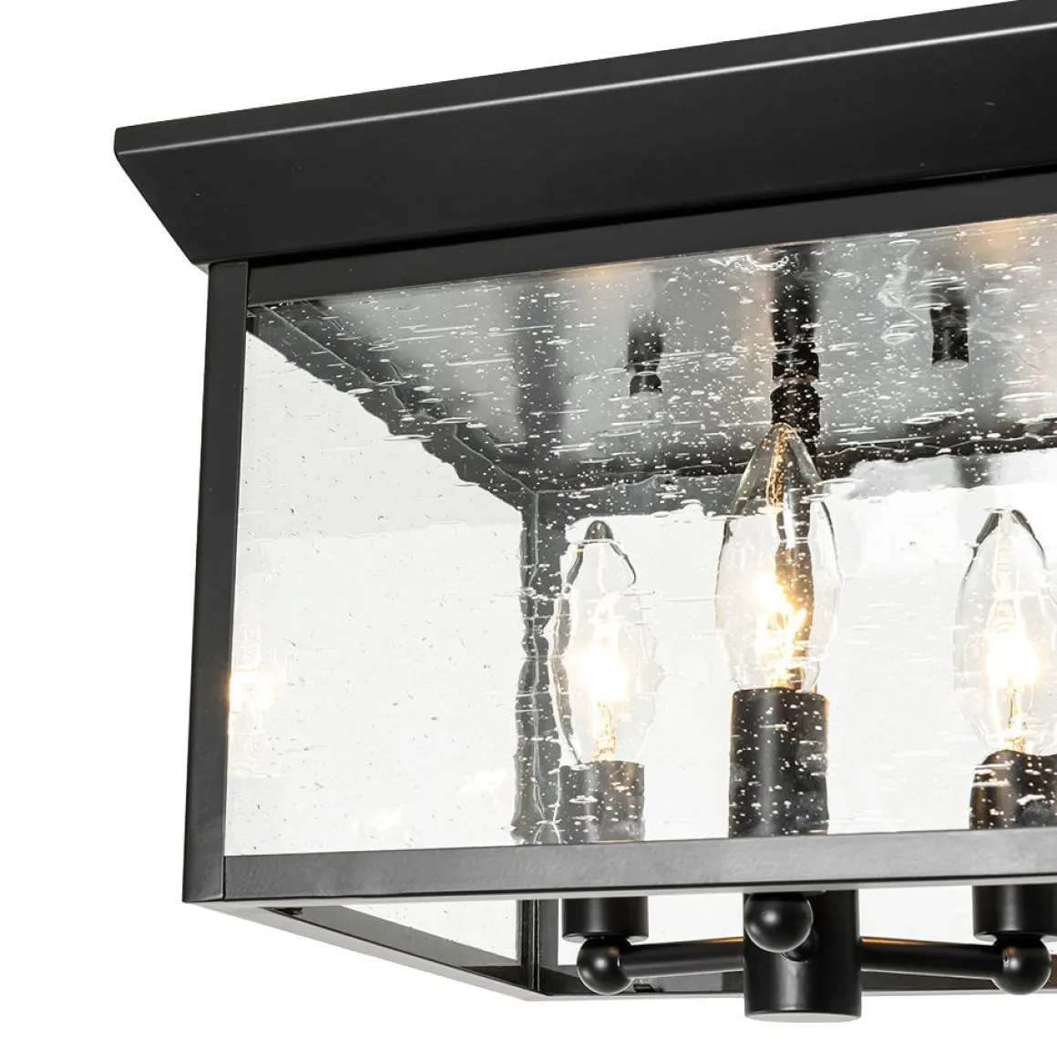 3-Light Clear Seeded Glass Black Square Cage Ceiling Light