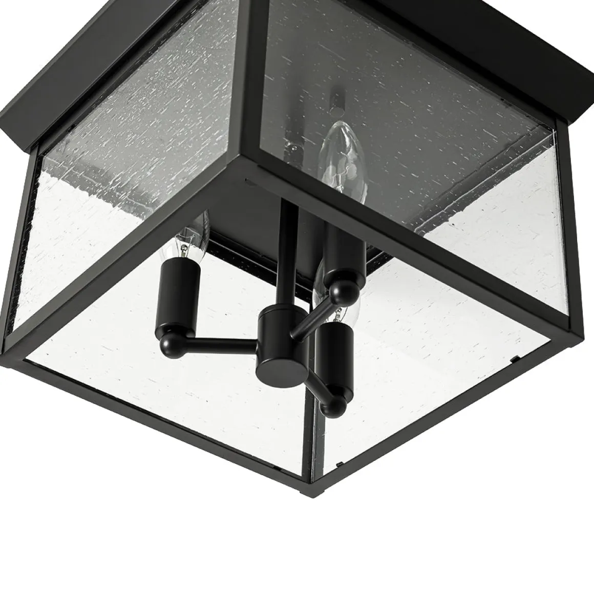 3-Light Clear Seeded Glass Black Square Cage Ceiling Light