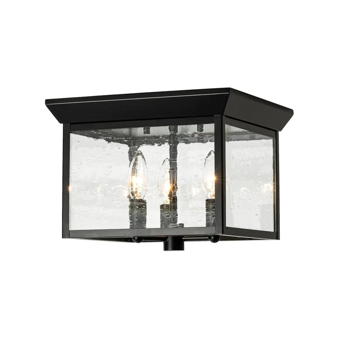 3-Light Clear Seeded Glass Black Square Cage Ceiling Light