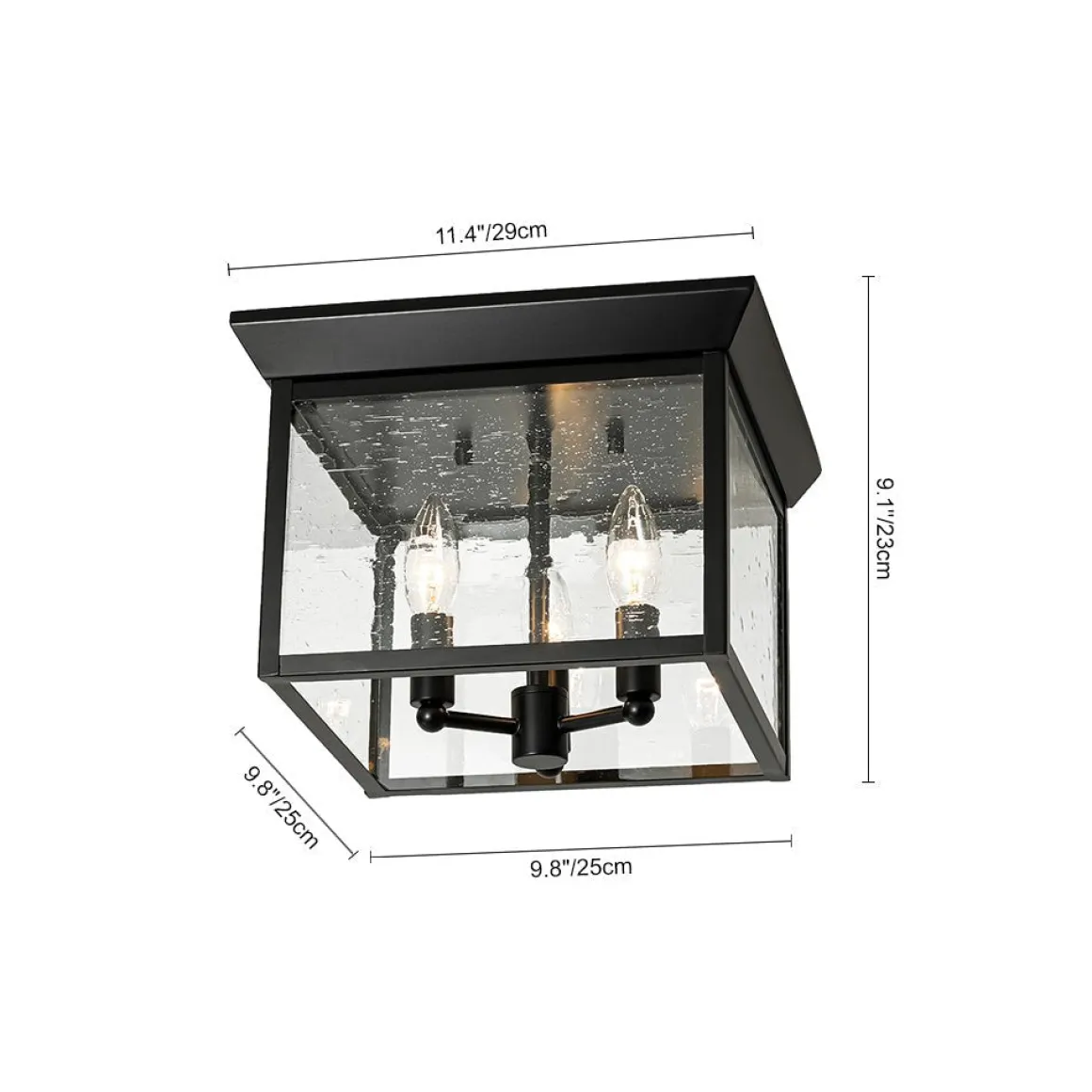 3-Light Clear Seeded Glass Black Square Cage Ceiling Light