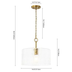 1-Light Clear Striped Glass Drum Semi Flush / Round Cage Pendant