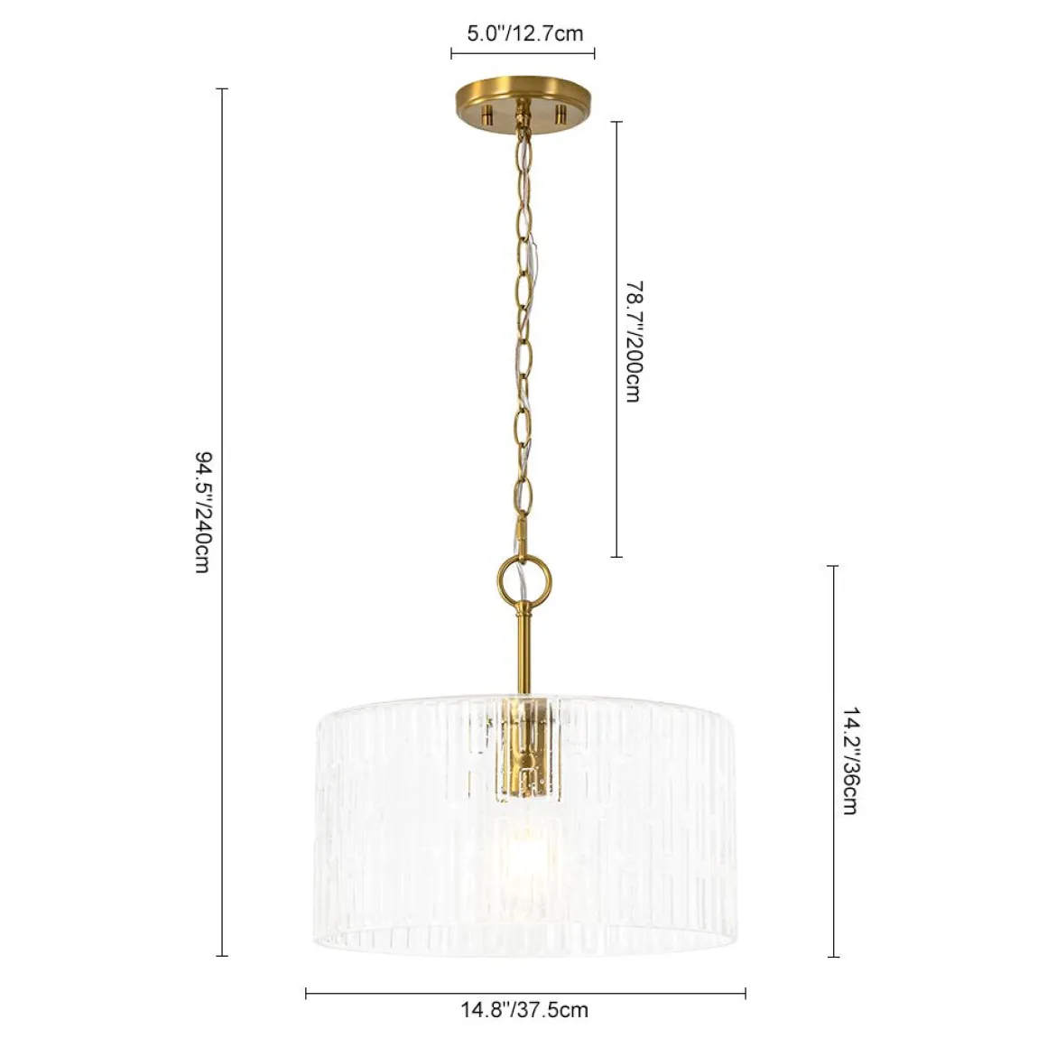 1-Light Clear Striped Glass Drum Semi Flush / Round Cage Pendant