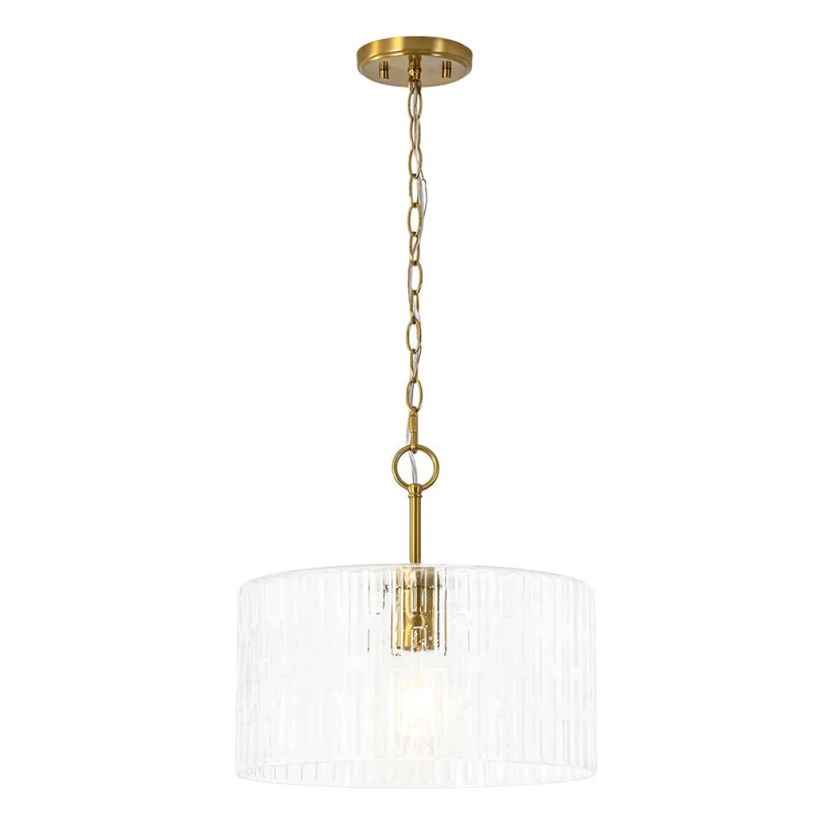 1-Light Clear Striped Glass Drum Semi Flush / Round Cage Pendant