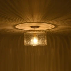 1-Light Clear Striped Glass Drum Semi Flush / Round Cage Pendant