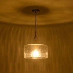1-Light Clear Striped Glass Drum Semi Flush / Round Cage Pendant