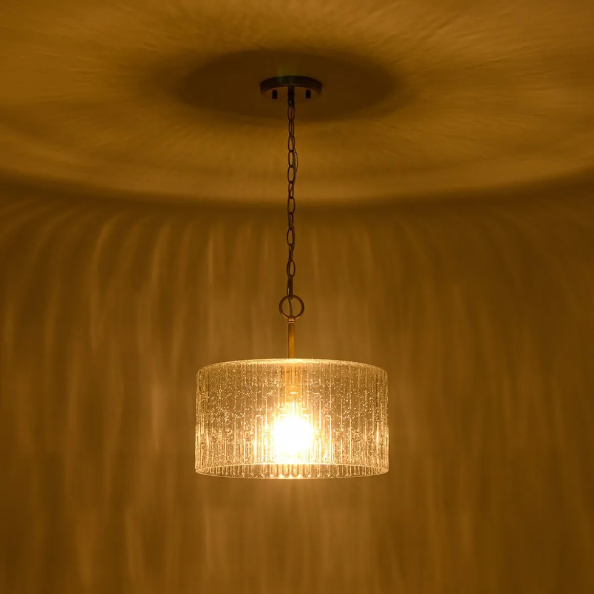 1-Light Clear Striped Glass Drum Semi Flush / Round Cage Pendant