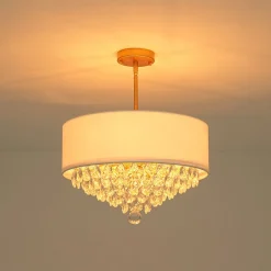 4-Light Crystal Accented White Fabric Drum Cage Chandelier