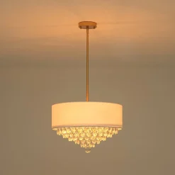 4-Light Crystal Accented White Fabric Drum Cage Chandelier