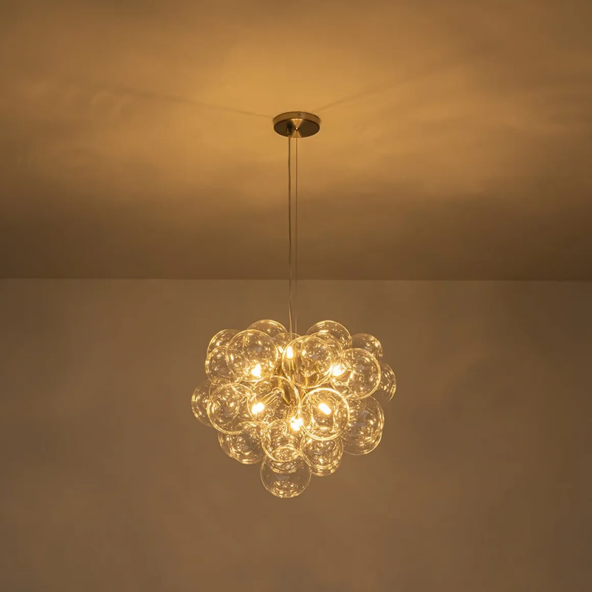6-Light Dimmable Brass Cluster Clear Glass Bubble Sphere Chandelier