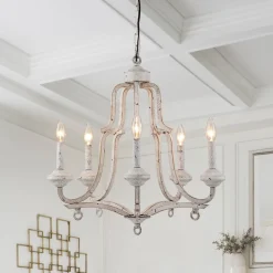 5-Light Distressed White Shabby Chic Candle Style Chandelier