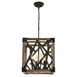 4-Light Distressed Wooden Square Cage Pendant Light