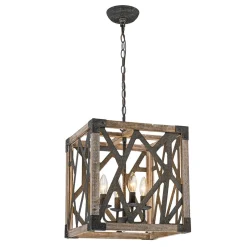 4-Light Distressed Wooden Square Cage Pendant Light