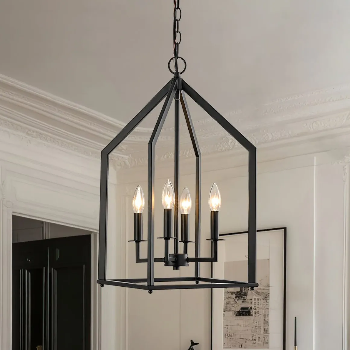 4-light Farmhouse Candle Style Black Lantern Pendant Light