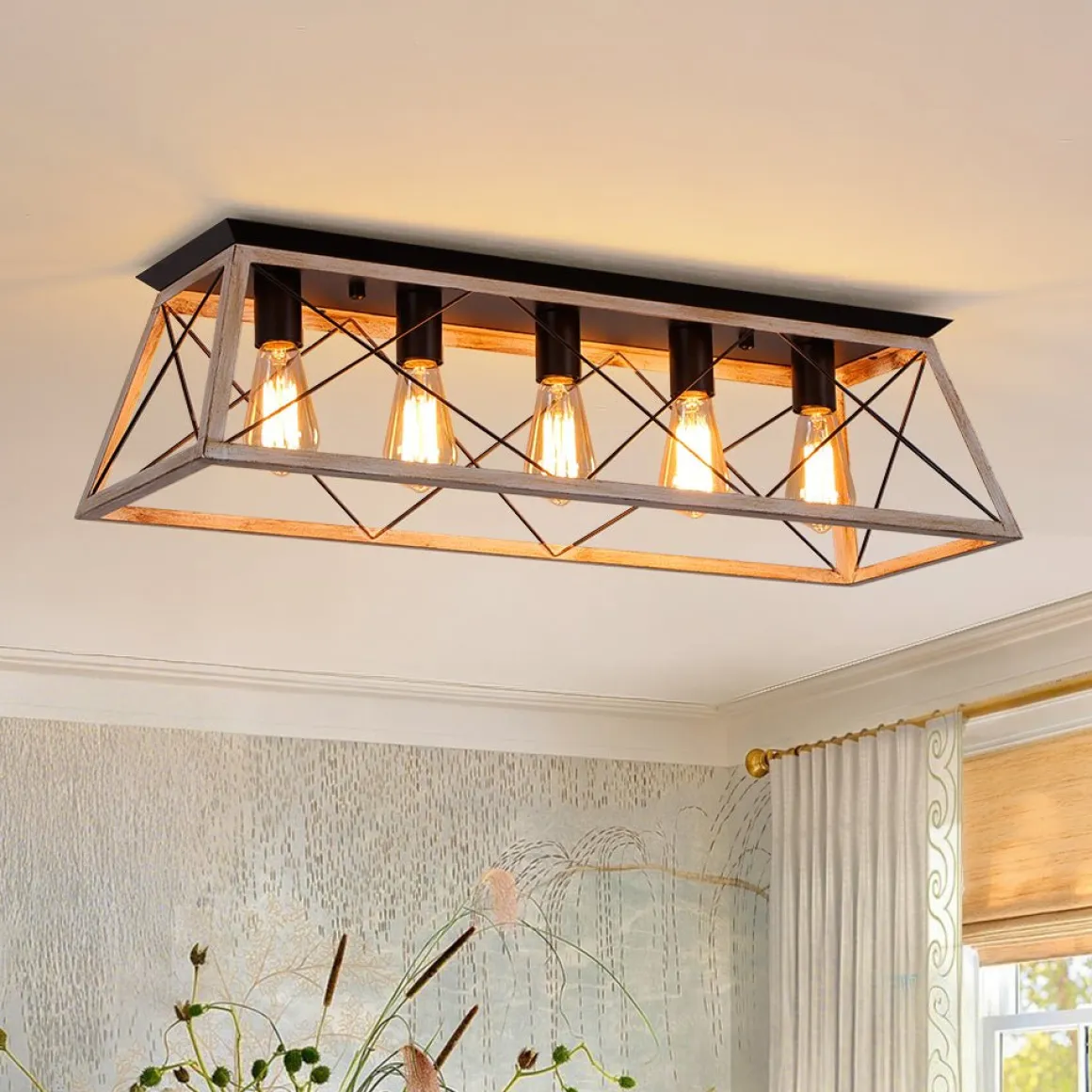 5-Light Farmhouse Rectangular Cage Semi Flush Mount