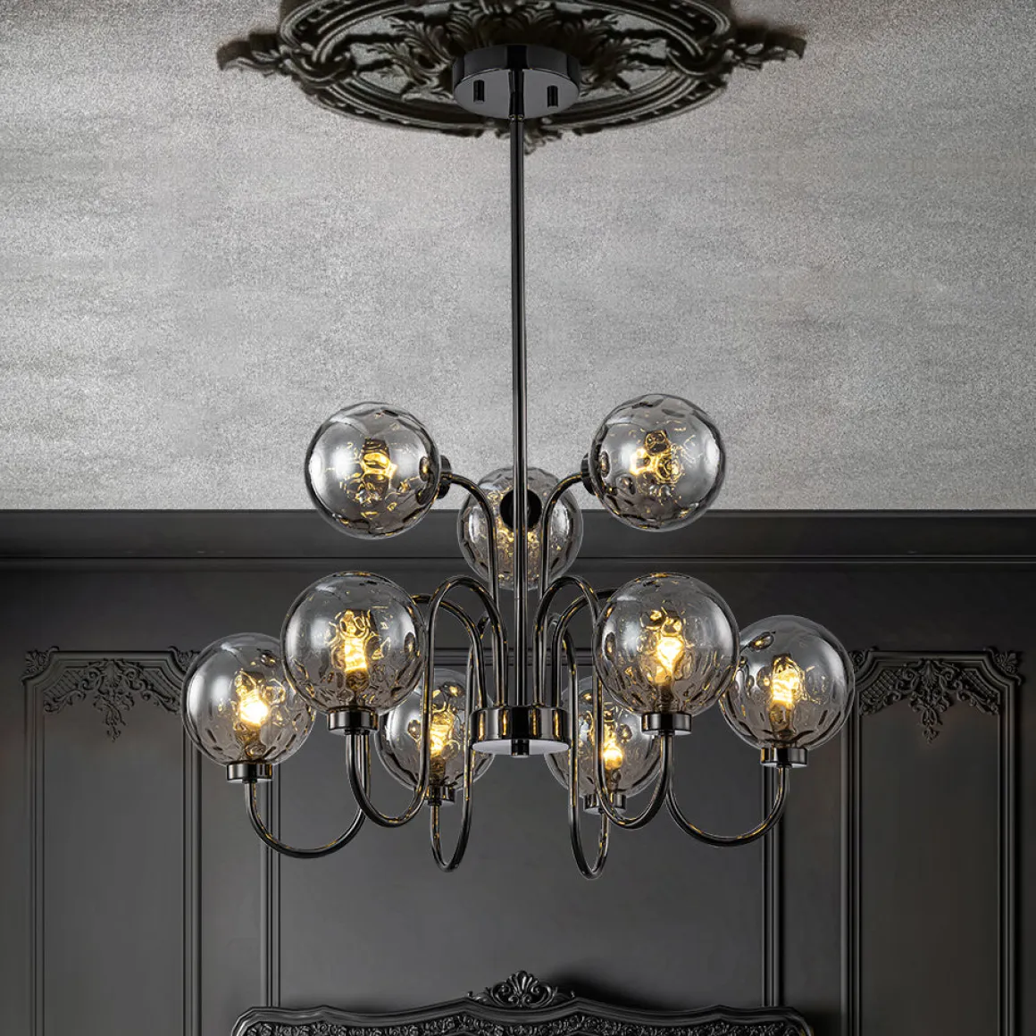 9-Light Hammered Smoked Glass Bubble Black Sputnik Chandelier
