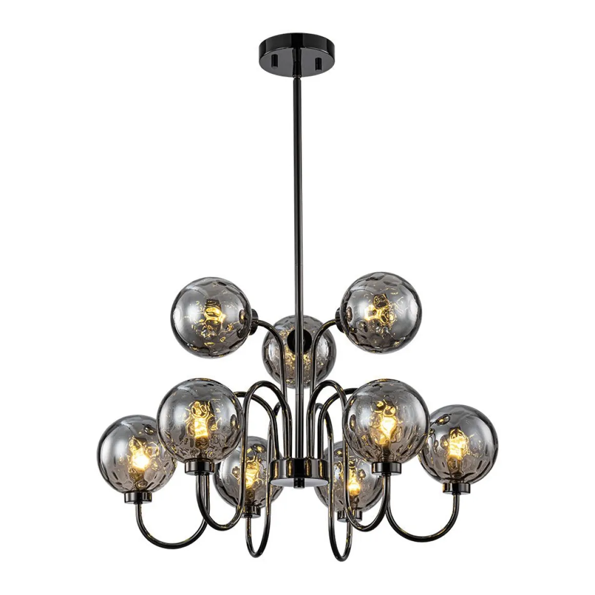 9-Light Hammered Smoked Glass Bubble Black Sputnik Chandelier