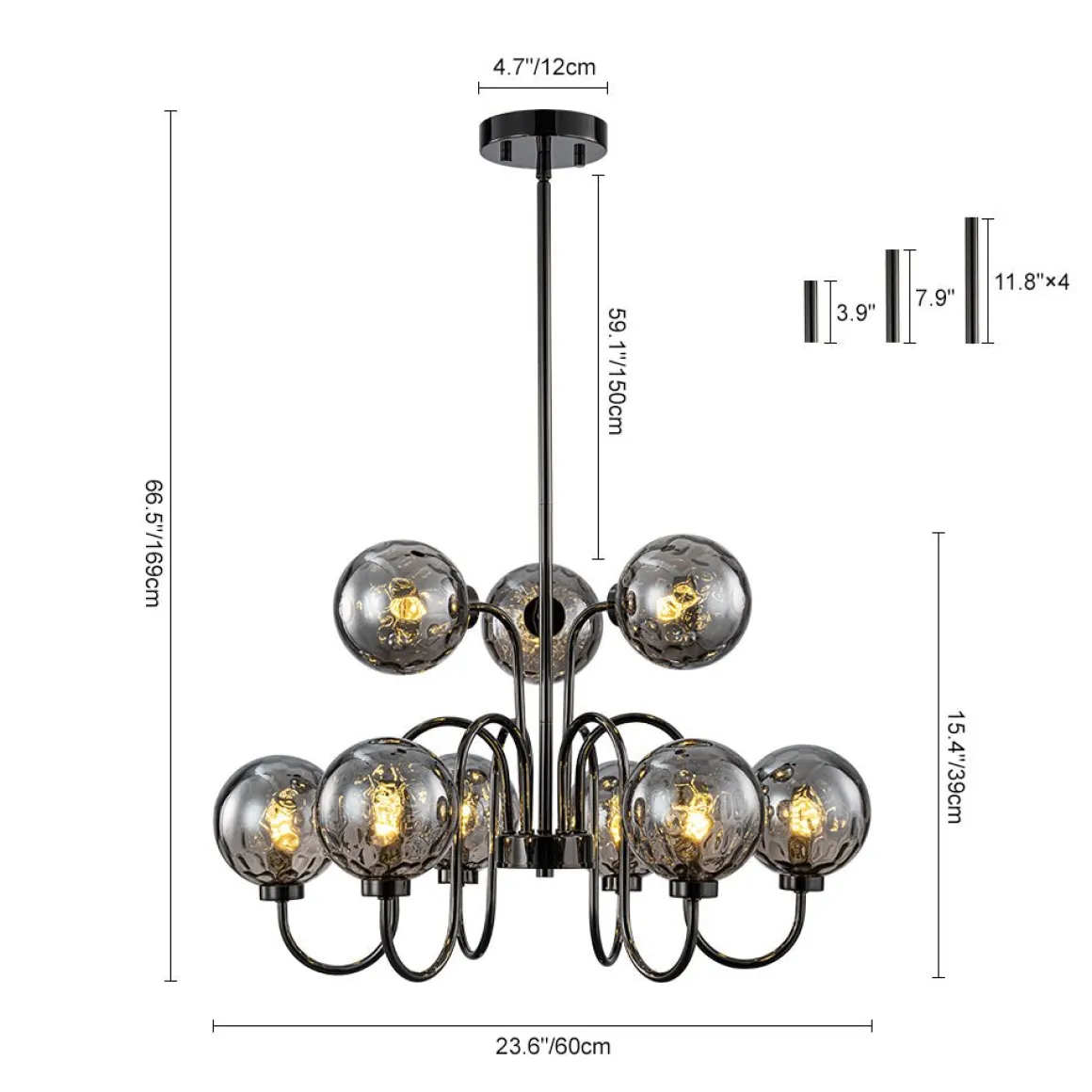 9-Light Hammered Smoked Glass Bubble Black Sputnik Chandelier
