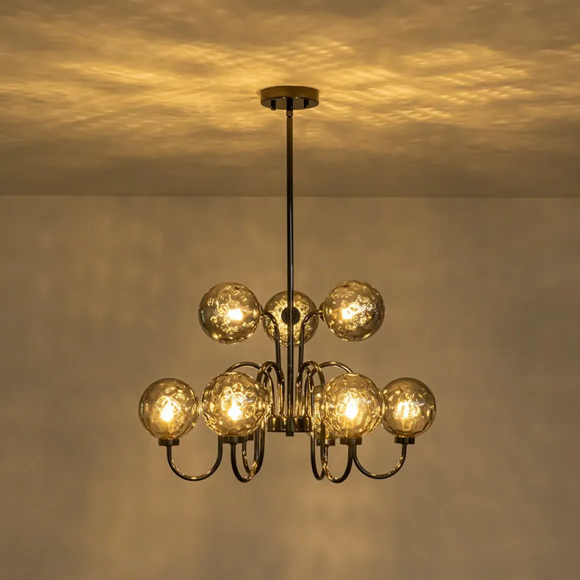 9-Light Hammered Smoked Glass Bubble Black Sputnik Chandelier