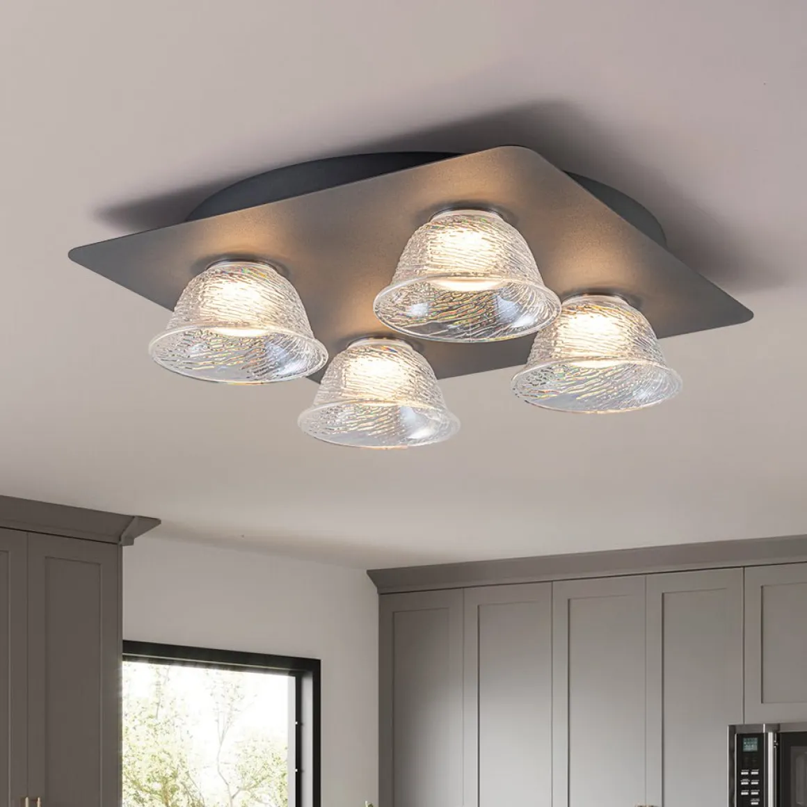 4-Light Iridescent Glass Bell LED Square Semi Flush Mount