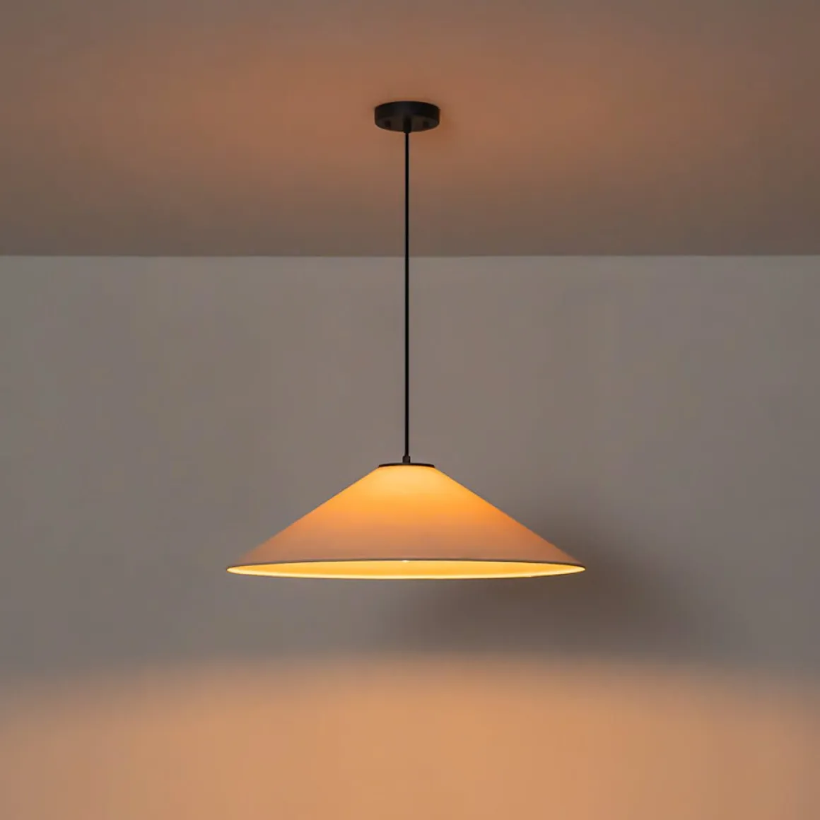 1-Light Large White Linen Shallow Conical Cage Pendant