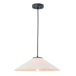 1-Light Large White Linen Shallow Conical Cage Pendant