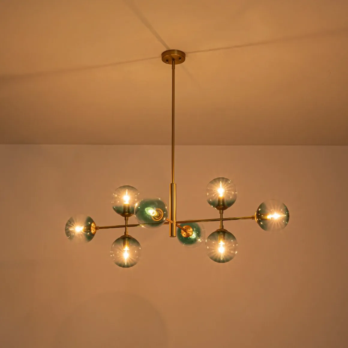 8-Light Linear Sputnik Tinted Blue Glass Bubble Chandelier