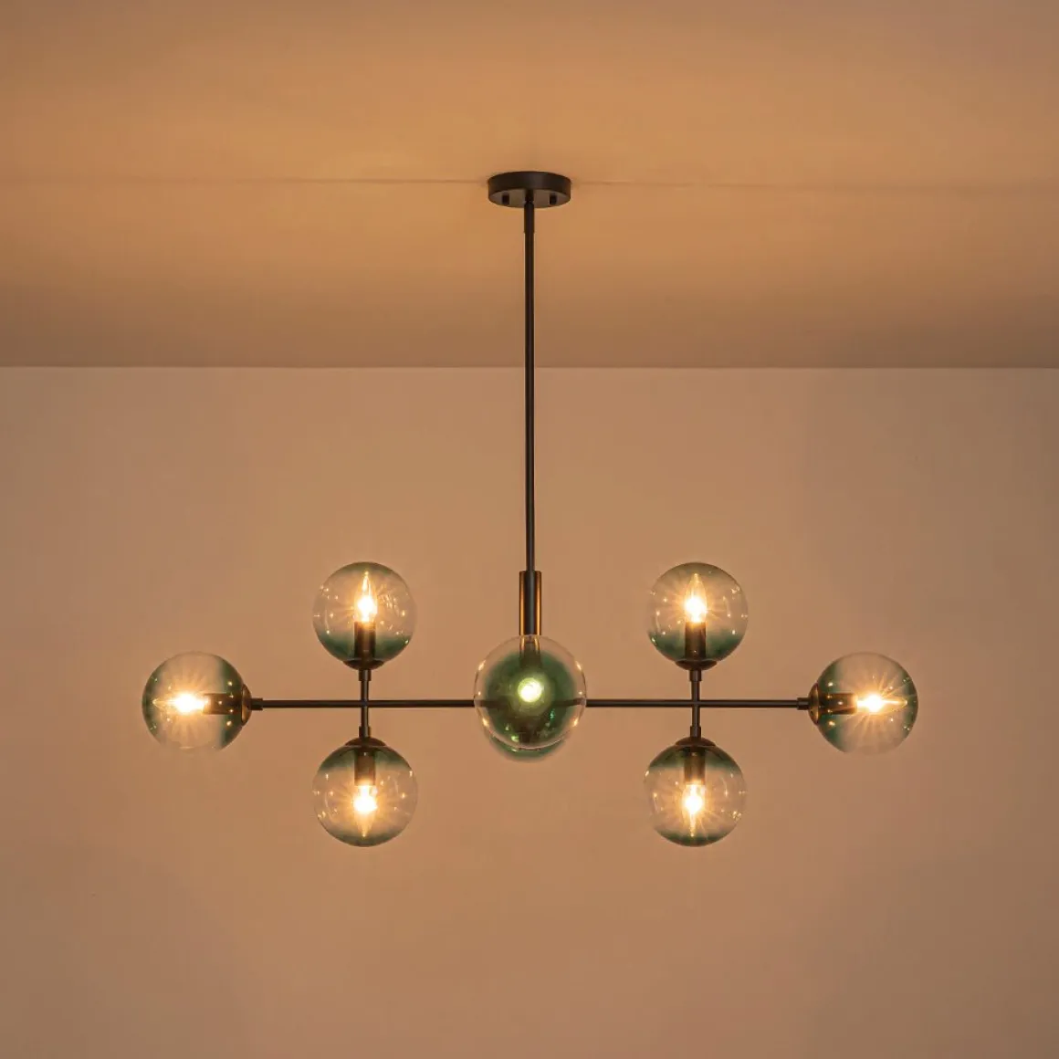 8-Light Linear Sputnik Tinted Blue Glass Bubble Chandelier