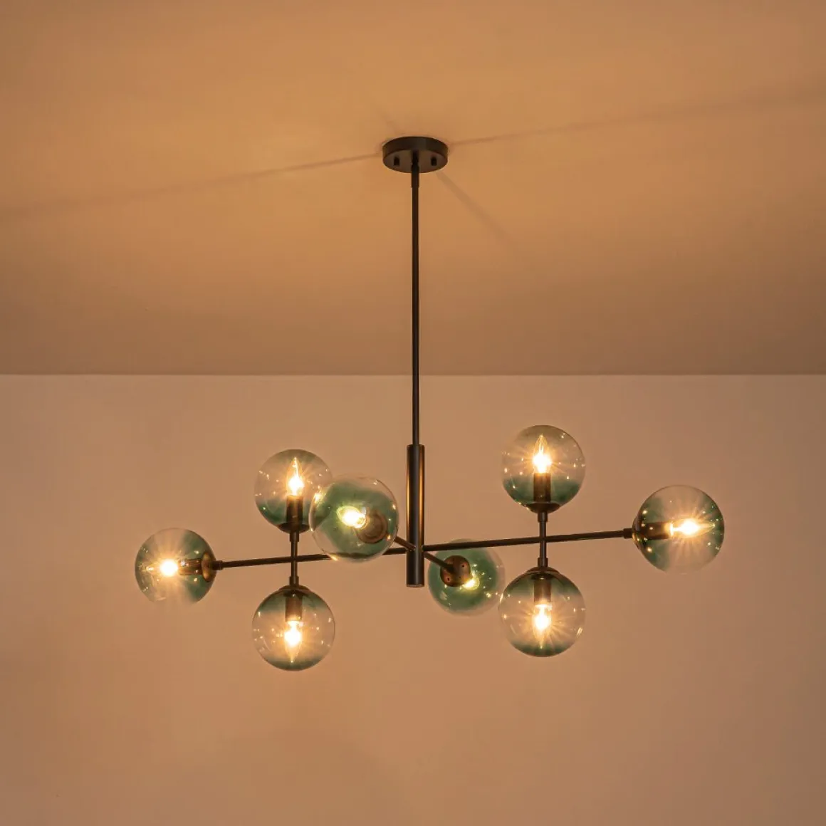8-Light Linear Sputnik Tinted Blue Glass Bubble Chandelier
