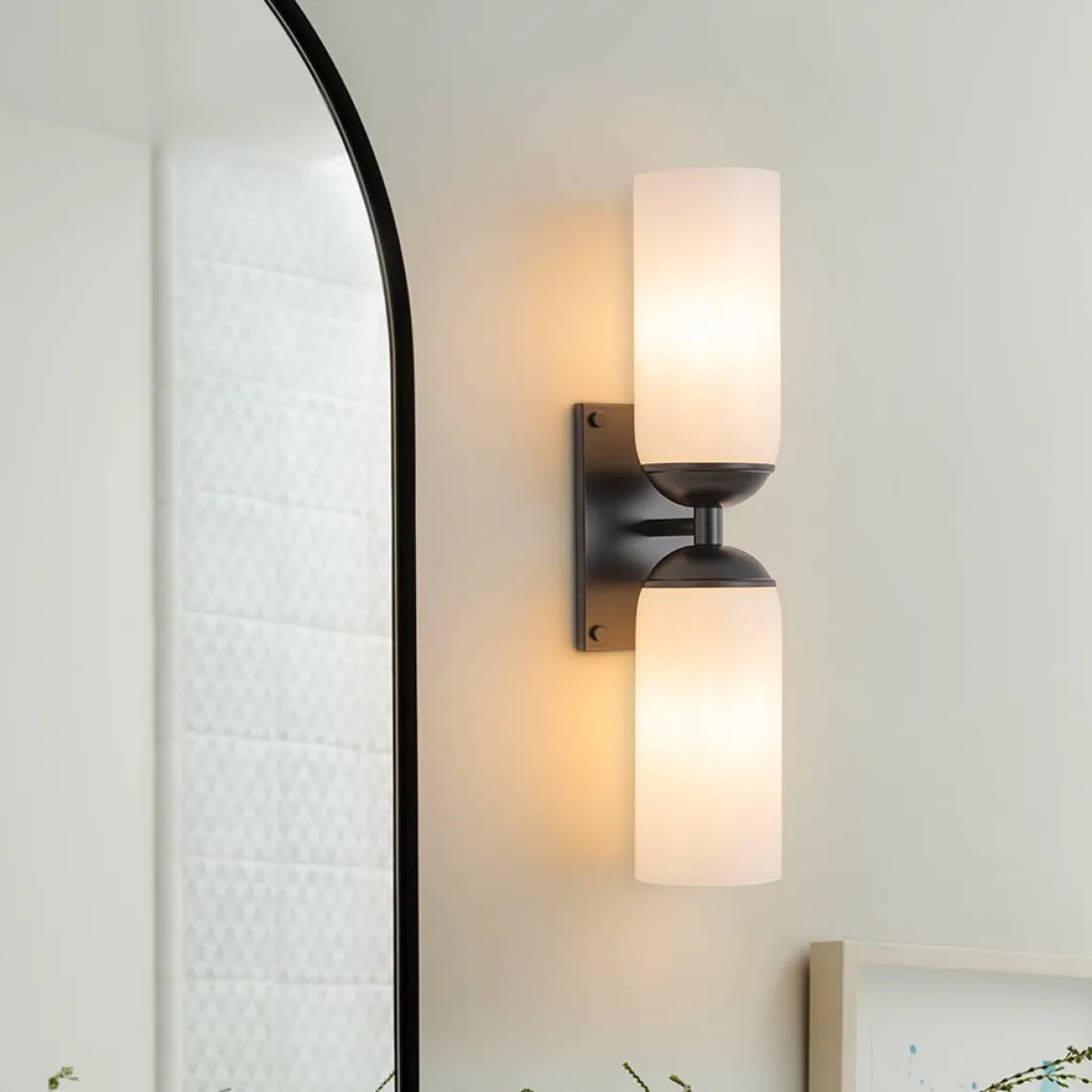 2-Light Milky White Glass Cylinder Vanity Wall Sconce