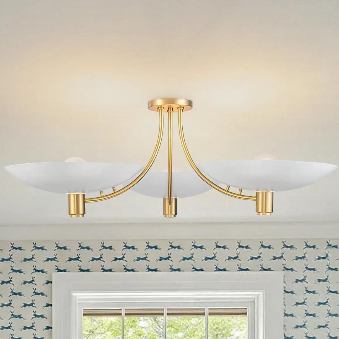 3-Light Modern Iron Brass White Saucer Semi Flush Mount
