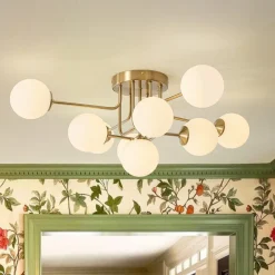 9-Light Opal Glass Bubble Sputnik Semi Flush Chandelier