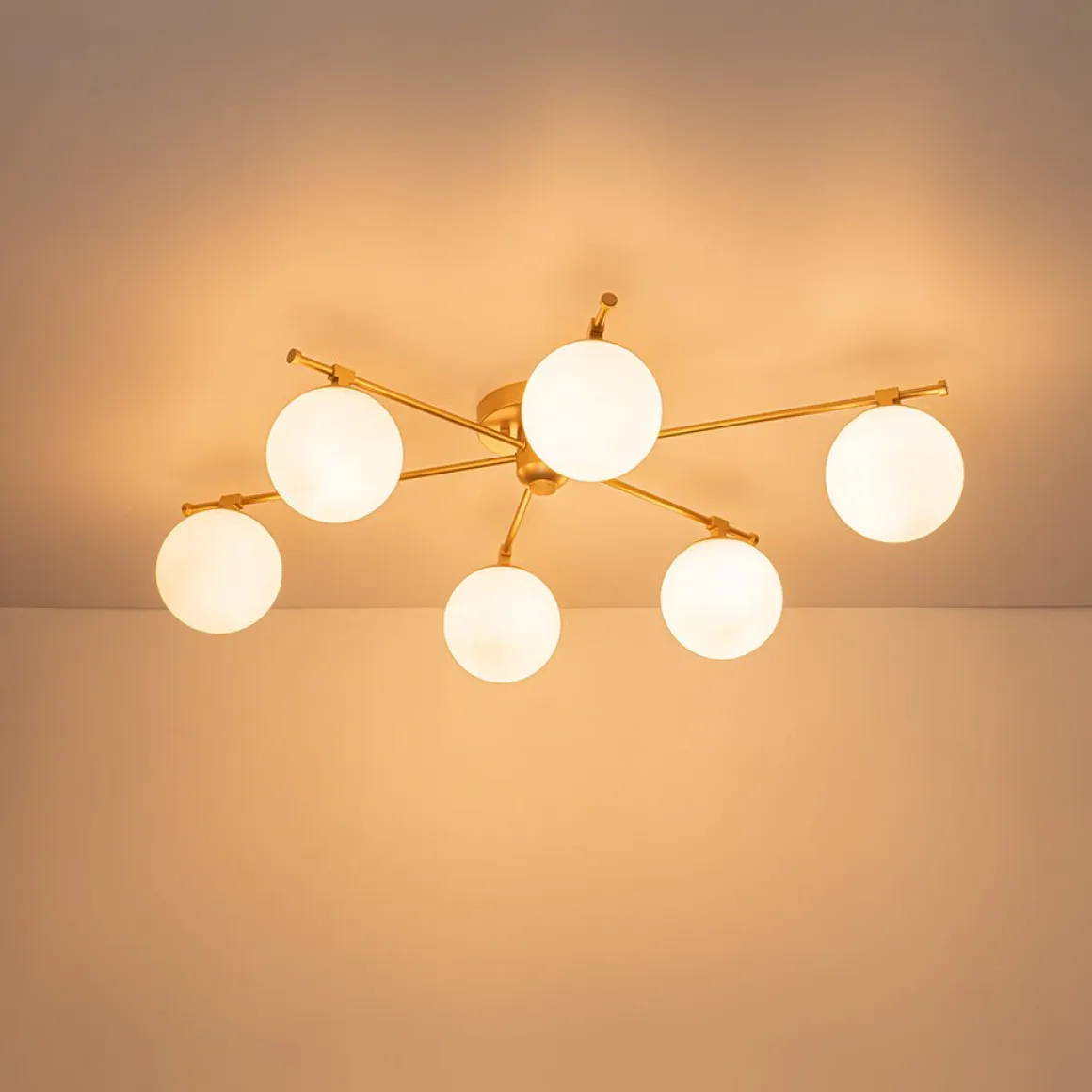6-Light Opal Glass Globe Linear Sputnik Semi Flush Chandelier
